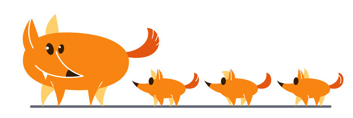 Fototapeta premium Funny cartoon mother fox with kids fox flat vector illustration isolated on white, wildlife animal humorous drawing.