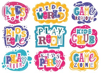 Fototapeta na wymiar Kids zone emblems. Colorful children playroom and game area emblems, bright colorful fun logos badges, entertainment park and educational club signs, game zone party. Vector labels set