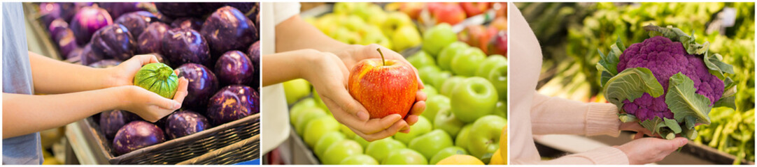 Collage with female hand who chooses biologic products. Concept of healthy food, bio, vegetarian, organic