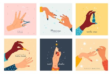 Manicure nails. Female hands with manicure and pedicure tools and care accessories, ladies beauty salon. Bright gel polishes and scissors. Nail studio poster collection, vector card set