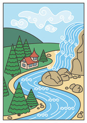 Summer landscape with beautiful waterfall, river, forest and house against the blue sky. Vector illustration EPS10.