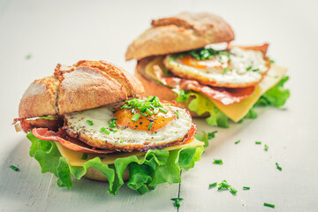 Delicious burger with fried egg, bacon and cheese