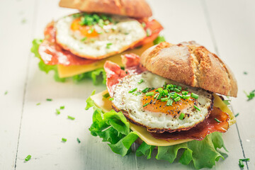 Delicious burger with bacon, fried egg and chive