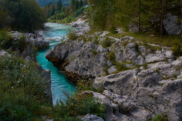 Fototapeta na wymiar Velika Korita oder große Schlucht von Soca-Fluss, Bovec, Slowenien. Julianische Alpen 