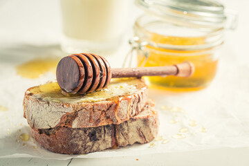 Healthy honey sandwich made of wholegrain bread