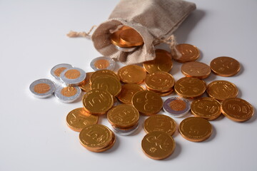 Stack of chocolate shekel coins as a concept for finance