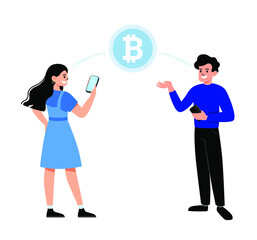 Young  man and woman holding mobile phone with relocating bitcoins into wallet. Concept of bitcoin exchange, mining, cryptocurrency cold wallet, mobile banking. Vector cartoon illustration.