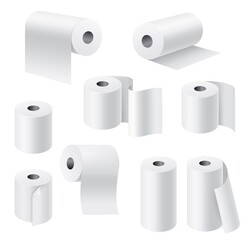 Realistic paper rolls. 3d white towel, toilet tissue on cardboard cylinder, hygiene products kitchen and bathroom accessories, different angle view, unwound pieces vector set