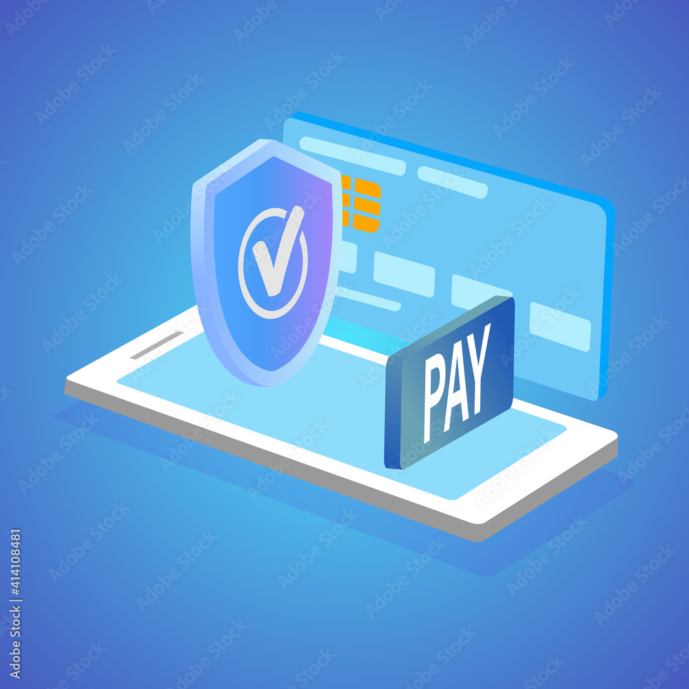 Poster isometric vector illustrations of mobile data security. the concept of an online payment protection 