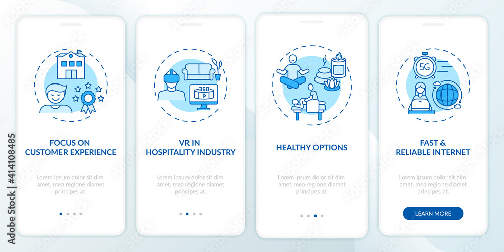 Poster business travel trends onboarding mobile app page screen with concepts. service adaptation experienc