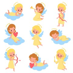 Baby angels. Funny kids cupids with wings characters, boys and girls with romantic arrows, trumpet and bows, blonde heaven angelic children on clouds. Vector cute cartoon isolated set
