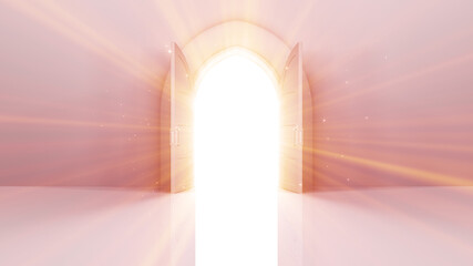 Door Opening to the brilliant Future, way to Heaven and Success. 3D illustration.