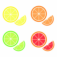 Set of citrus slices of lime, orange, grapefruit and lemon. The style is hand-drawn and cartoonish. All objects are isolated. Vector 8 eps
