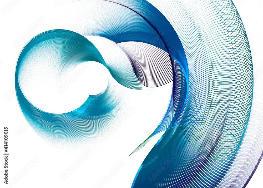 Poster blue lines curl in curls form rounded transparent airy surfaces on a white background. abstract frac