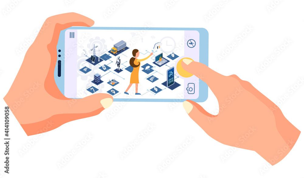 Aufkleber human hand holding smartphone presses button on site about modern means of technical progress. digit