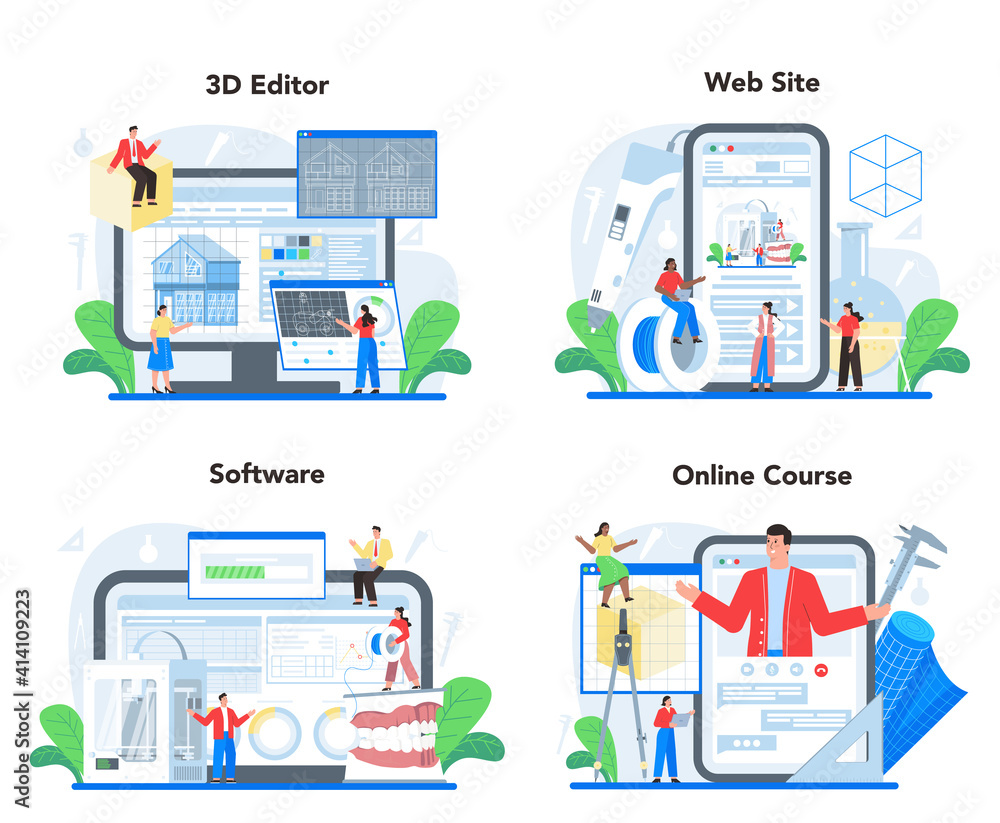 Poster 3d modeling online service or platform set. digital drawing