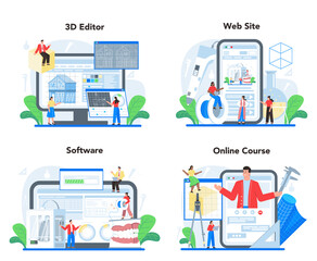 3D modeling online service or platform set. Digital drawing