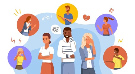 Angry people. Characters thinking about negative communication experiences. Aggressive abuse conversation with business partner and lover or friend. Vector conflict situations concept