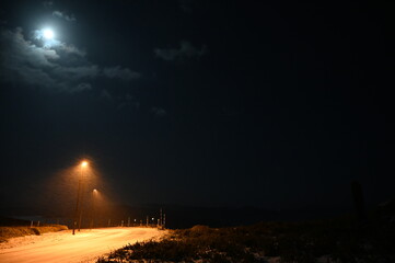 月光と雪降りしきる峠道