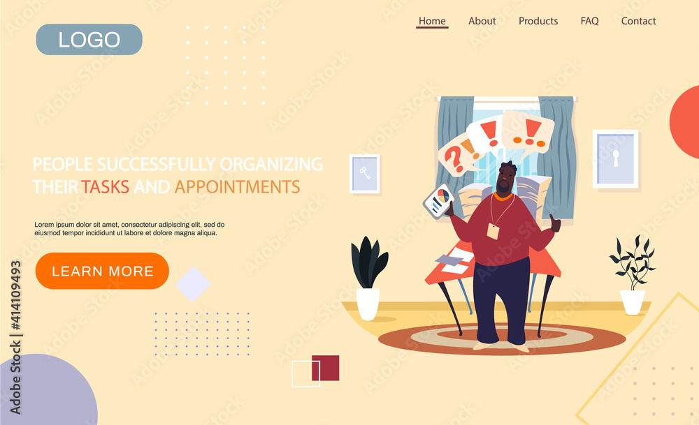 Poster people organizing their tasks and appointments landing page template, businessman stands at table wi