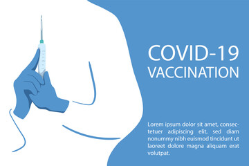 COVID-19 Vaccination banner with doctor holding syringe. Medical clinic or hospital template with text place. White doctor silhouette with vaccine syringe. Pandemic prevention vaccination concept