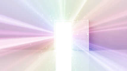 Door Opening to the brilliant Future, way to Heaven and Success. 3D illustration.