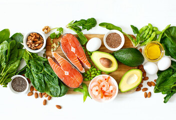 Omega 3 natural food sources concept, top down view