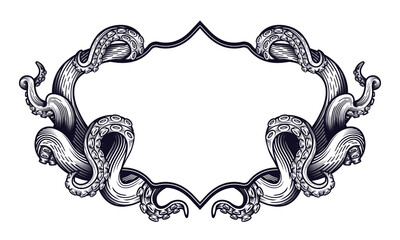 Tentacles of an octopus label frame design. Hand drawn vector illustration in engraving technique isolated on white.  
