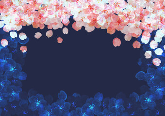 Fototapeta na wymiar レトロな夜桜の背景素材　ネオンカラー　ソメイヨシノ　押絵　押花　和柄　和風イメージ　花見