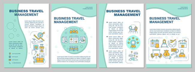 Online travel booking brochure template. Business travel management . Flyer, booklet, leaflet print, cover design with linear icons. Vector layouts for magazines, annual reports, advertising posters
