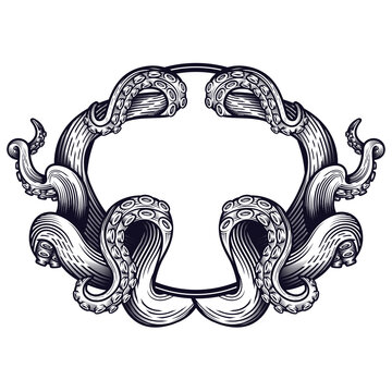 recommend clip art: Tentacles of an octopus label frame design. Hand drawn vector illustration in engraving technique isolated on white.  