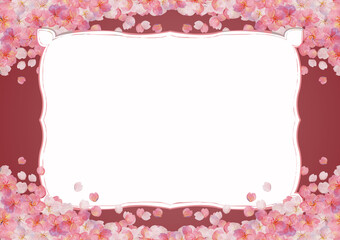 レトロな桜吹雪の背景素材　紅色　ソメイヨシノ　押絵　押花　和柄　和風イメージ　花見