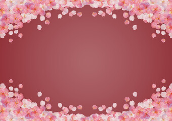 レトロな桜吹雪の背景素材　紅色　ソメイヨシノ　押絵　押花　和柄　和風イメージ　花見