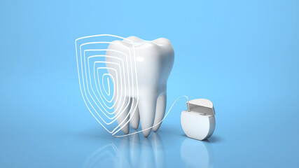 Dental floss. Teeth protection. Dental floss shield on a blue background. 3d render - obrazy, fototapety, plakaty