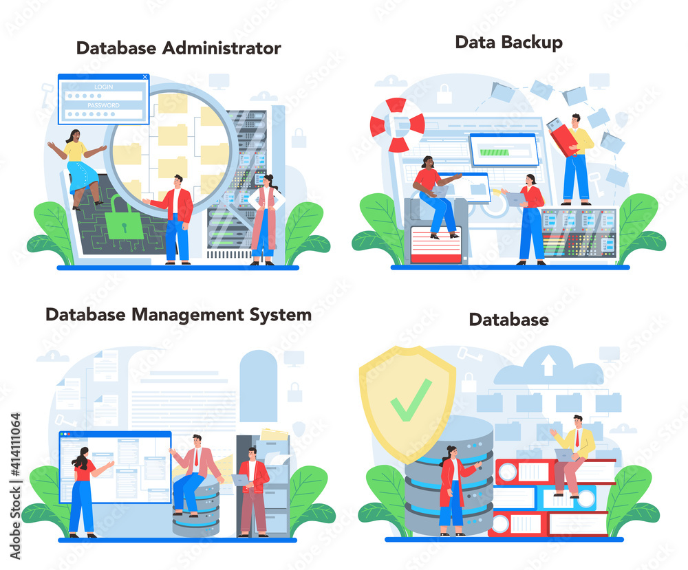 Aufkleber data base administrator concept set. admin or manager working