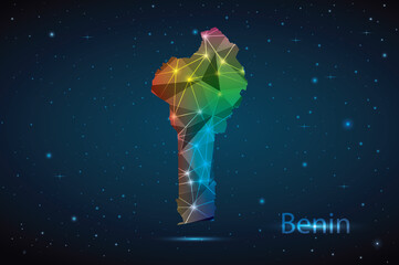 Abstract Polygon Map of Benin. Vector Illustration Low Poly Color Rainbow on Dark Background. - obrazy, fototapety, plakaty