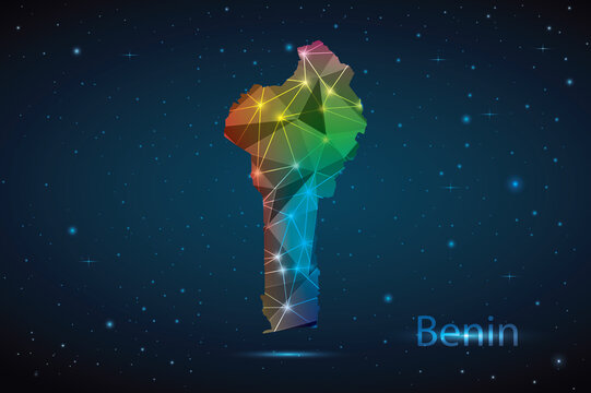 Abstract Polygon Map of Benin. Vector Illustration Low Poly Color Rainbow on Dark Background.