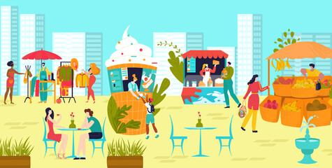 People male female character buy clothes, food street market and stall flat vector illustration. Urban background, city park with outdoor marketplace, international holiday fair place. - 414111299