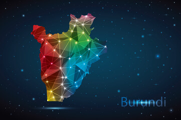 Abstract Polygon Map of Burundi. Vector Illustration Low Poly Color Rainbow on Dark Background.