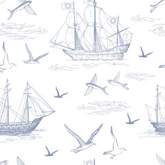 Nautical pattern. Hand drawn realistic outline vector illustration.