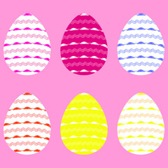 Set of six vector Easter eggs. Multi-colored eggs, decorated with ornament. For design of Happy Easter cards, decor, textiles, fabrics, packaging, wrapping paper, banners, templates