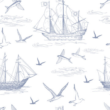 Nautical pattern. Hand drawn realistic outline vector illustration.