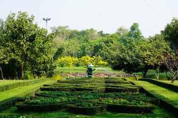 Gardeners water the plants in the park.