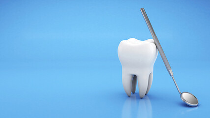 Tooth and dental mirror. Dental treatment. Copy space for text on a blue background. 3d render