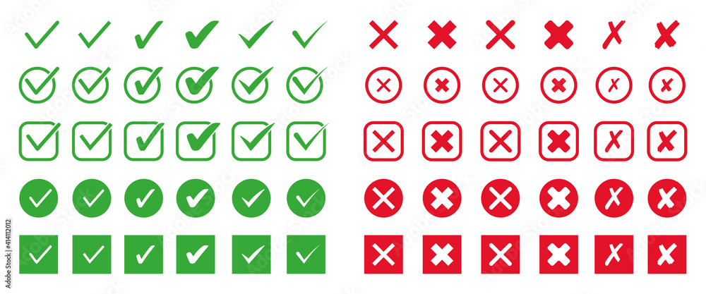 Aufkleber set of check mark flat icon. green tick and red cross symbol for checklist. vector