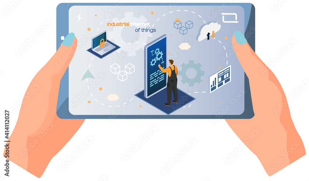 Aufkleber human hand holding tablet pc with app showing modern technologies, male worker connecting with facto