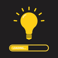 Loading creative idea concept. Progress loading bar. Yellow lightbulb icon on black background. Vector