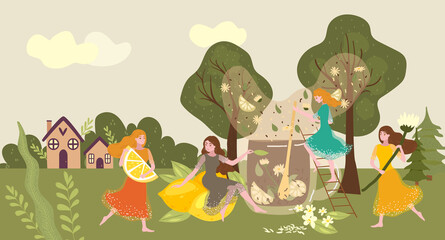 Fototapeta premium People collecting tea herb, woman carry orange lemon dance with chamomile cartoon vector illustration. Rural view background forest and country house, organic natural herbal drink.