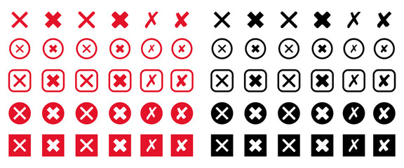 Fototapeta na wymiar Set of red and black cross icon. X mark symbol in flat style. Vector