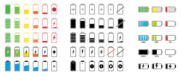Fototapeta na wymiar Set of capacity battery icons. Mobile phone charge level illustration sign collection in flat style. Vector